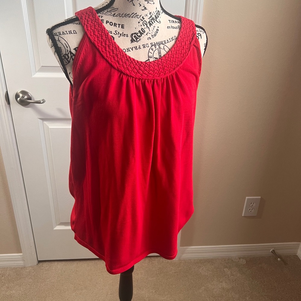 JOSEPH A. Red Sleeveless Knit Top Women's Size L Braided Neckline Casual - Picture 8 of 8